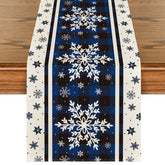 Artoid Mode buffalo plaid snowflakes blue table runner protects table from spills.