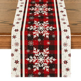 Artoid Mode buffalo plaid snowflakes table runner enhances festive dining ambiance.