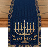 Artoid Mode candle menorah hexagram pattern table runner brightens Hanukkah dining ambiance