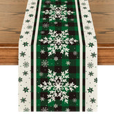 Artoid Mode green buffalo plaid snowflakes table runner enhances festive dining and protects surfaces.
