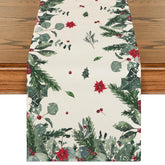 Artoid Mode green leaves poinsettia holly runner on holiday table highlights festive print