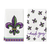 Artoid Mode Iris Mardi Gras towels folded neatly for festive kitchen prep
