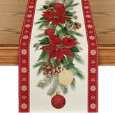 Artoid Mode poinsettia pine-branch pattern table runner enhances holiday dining.