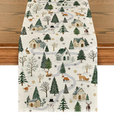 Artoid Mode Snowfield Trees Hut table runner adds festive warmth to holiday dining