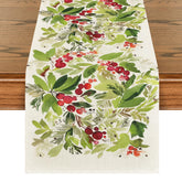 Artoid Mode watercolor holly table runner enhances holiday dining ambiance at home.
