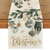 Artoid Mode Xmas balls leaves table runner on festive dining setup for gatherings