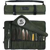 Asaya Canvas Chef Knife Roll Bag forest green with 10-slot organization for blades and gear.