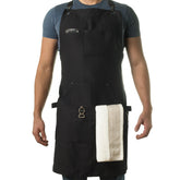 Asaya Chef apron front view with cross-back straps and bottle opener for easy grilling