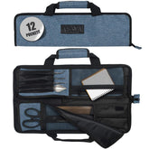 Asaya Chef Knife Roll Bag with 12 pockets keeps knives secure during travel.