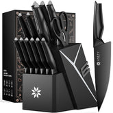 ASETY 15-piece knife set in block showing built-in sharpener for easy edge maintenance