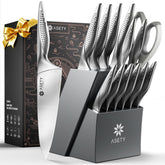 ASETY knife set block with built-in sharpener for razor sharp edges