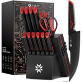 ASETY knife set with built-in sharpener block, front view on countertop for easy access.
