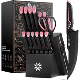 ASETY knife set with pink handles in a stylish block, blending color and function.