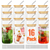 ASKIZ 16pc glass cups with bamboo lids and straws set for versatile beverages