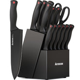 Astercook 15-piece knife set in block with built-in sharpener for quick edge upkeep.