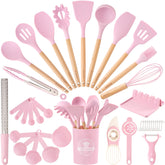Astercook 39-piece pink utensil set with wooden handles, neatly organized for easy access.