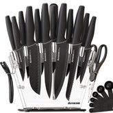 Astercook knife set with clear block front view showing space-saving design for easy access