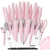 Astercook knife set displayed in a clear pink block for easy access