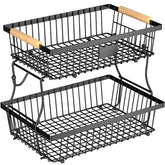 Astrorhine 2-tier black fruit basket, front view, doubles kitchen storage.