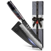 Atumuryou JPCK 7-Inch Damascus knife blade close-up showing the pattern and sharp edge