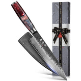 Atumuryou JPCK 8-inch VG10 Damascus knife close-up showing a sharp edge for precise slicing