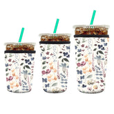 AUEKLLW three-pack neoprene coffee sleeves flatlay showing versatile fit for 16-32 oz cups.
