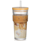 AUFXKOO 20oz ribbed glass cup with bamboo lid for stylish coffee on the go.