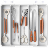 Aujen Silverware Organizer in expanded drawer keeps cutlery neatly organized.
