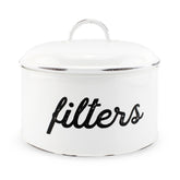 AuldHome Design basket coffee filter holder in white enamel keeps filters organized on the counter.
