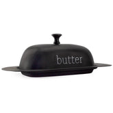 AuldHome Design matte black butter dish front view with retro charm.