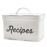 AuldHome Design rustic white recipe box, front view, adds farmhouse charm and keeps 4x6 recipes tidy.