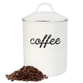AuldHome enamelware coffee canister with white lid, front view for durable kitchen storage.
