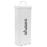 AuldHome Design straw holder in white enamelware on kitchen counter, keeps straws organized.