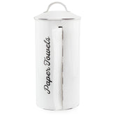 AuldHome Design farmhouse paper towel holder in white enamel keeps towels clean and dry.