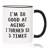 Aurahouse 75th birthday mug front view with bold print for celebratory sips