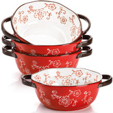 AVLA 4-pack ceramic soup bowls with double handles in red, ideal for serving hot soups.