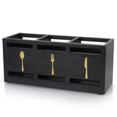 Ayiaren wooden cutlery holder on a counter showing three compartments for organized utensils.