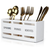 Ayiaren wooden silverware holder on the counter, front view showing organized spoons and forks.