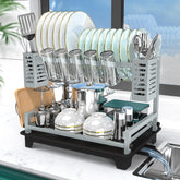 B-Land two-tier dish drying rack top view showing spacious plate storage