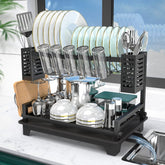 B-Land dish drying rack 2-tier organizes plates and pans for tidy countertops.