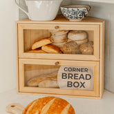BakedBin corner bread box front view showcases space-saving countertop storage