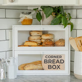 BakedBin corner bread box front view showing two-tier storage