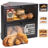 BakedBin corner bread box open with dual compartments keeps loaves organized.