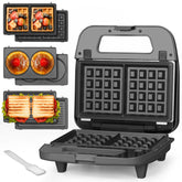 Baker's Friend 3-in-1 mini waffle maker with removable plates for quick customization.