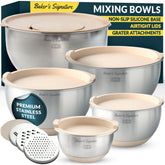 Baker's Signature stainless steel mixing bowls in five sizes, ready for versatile kitchen tasks.