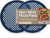 BAKKENMASTER pizza pan with round perforations and blue non-stick coating for crispy crusts.