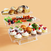 Bakzon dessert table display set front view, clear acrylic strength for reuse