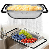 Balavina over the sink colander with extended handle for flexible draining.