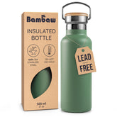 Bambaw insulated bottle green front view, durable hydration for daily commutes