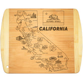 Bambüsi California map cutting board front view with engraved landmarks for stylish kitchen décor.